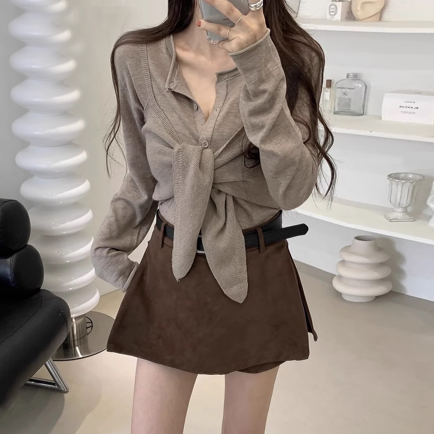 打底针织衫上衣+绑带蝴蝶结吊带