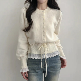 温柔风拼接蕾丝花边下摆针织开衫毛衣女2025秋季新款抽绳系带外套