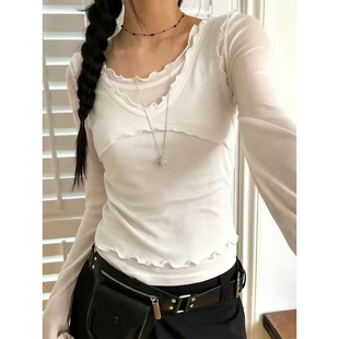 良良家温柔木耳花边长袖T恤女秋季修身显瘦短款吊带背心两件套