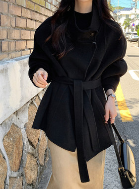 良良家赫本风黑色呢子大衣女