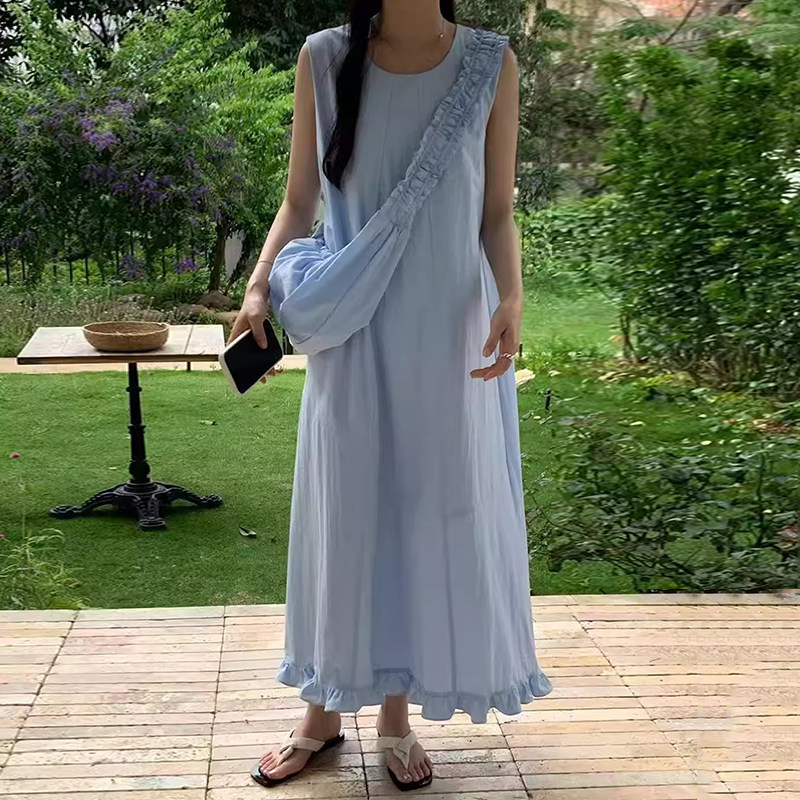 良良家拼接木耳边背心连衣裙女夏季新款甜美减龄蓝色长裙子配包包,女装/女士精品,连衣裙,淘宝优惠券,粉丝福利购,淘宝优惠卷