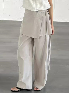 良良家 夏季新款韩系绑带式可拆卸皮帘设计假两件高腰休闲裤女