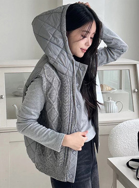 良良家针织拼接连帽棉服马甲外套