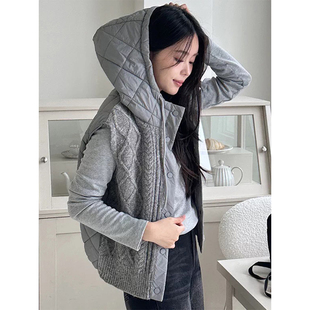 良良家针织拼接连帽棉服马甲外套女冬季新款宽松保暖外穿坎肩上衣