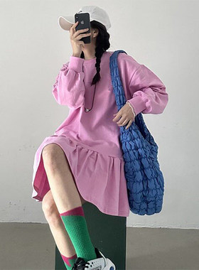 韩系减龄粉色长袖卫衣连衣裙女