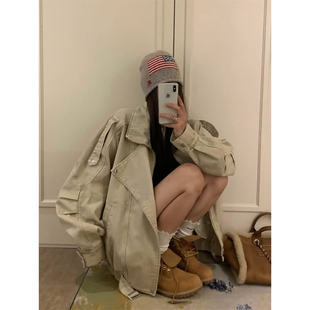 良良家复古做旧水洗工装短外套女2026秋季新款设计感系带夹克上衣