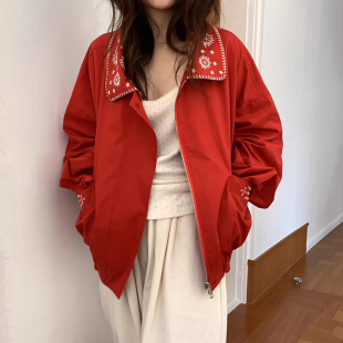 拉链夹克外套 复古小众刺绣花朵翻领宽松休闲长袖 韩国chic秋季 新款