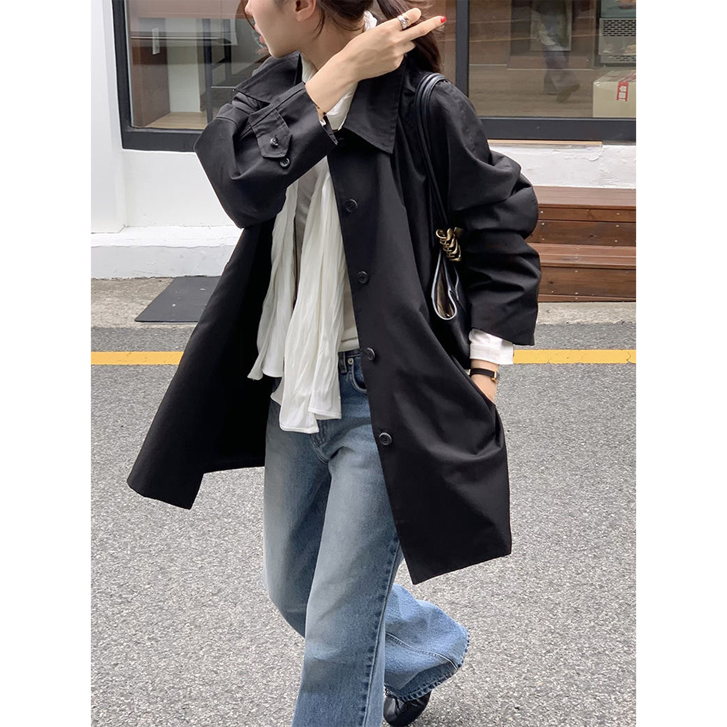 良良家韩系黑色中长款风衣外套女2026秋季宽松休闲小个子夹克上衣