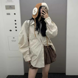 条纹衬衫 韩国chic秋季 慵懒风小排扣宽松休闲不对称长袖 法式 女 新款