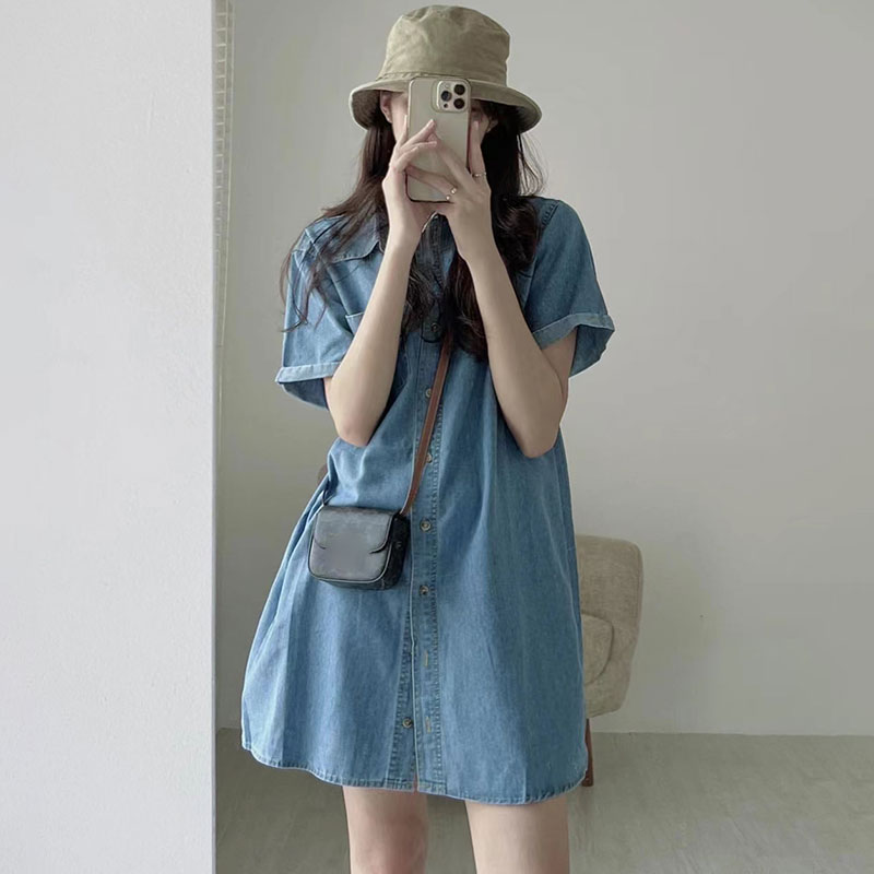 chic翻领宽松短袖水洗牛仔连衣裙