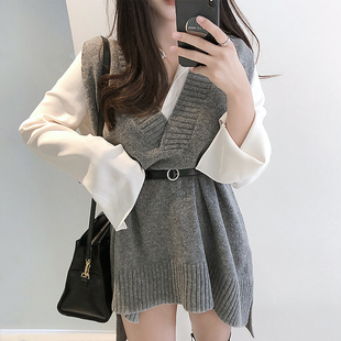 韩国chic百搭慵懒风翻领长袖衬衫+外搭包芯纱针织马甲配腰带女