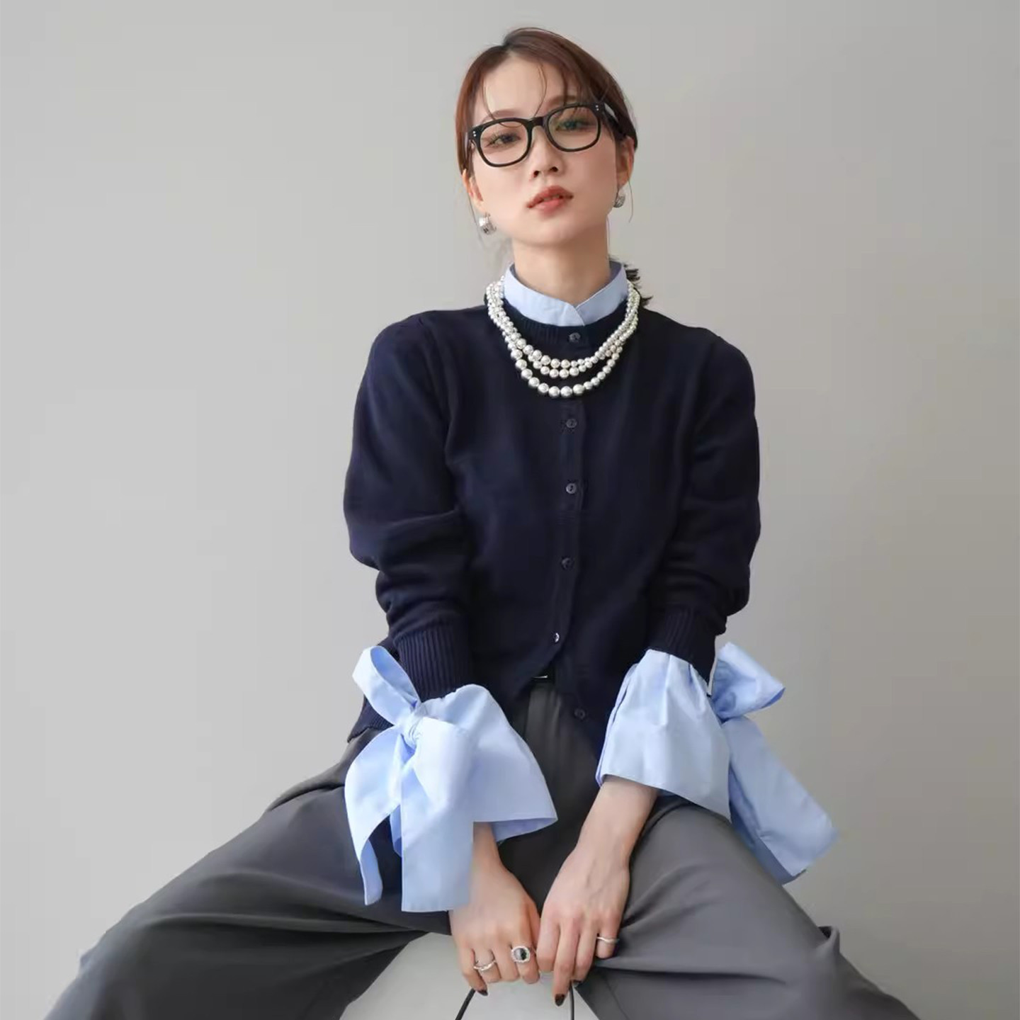 甜美风绑带蝴蝶结设计撞色拼接针织衫女秋冬季软糯百搭毛衣小外套