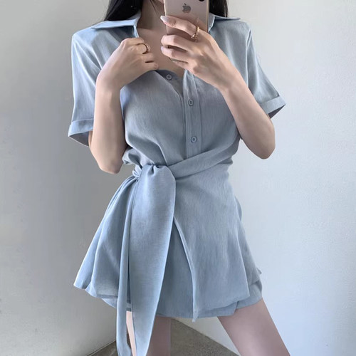 不规则绑带衬衫+高腰阔腿短裤