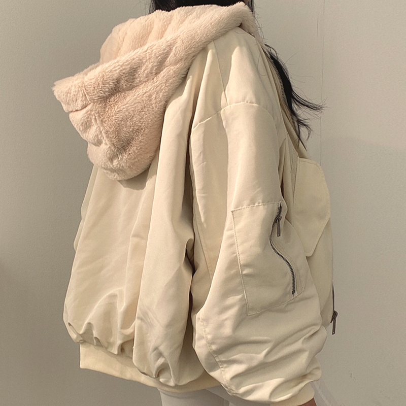 韩国chic秋冬小众气质连帽设计宽松百搭长袖两面穿加绒棉服外套女