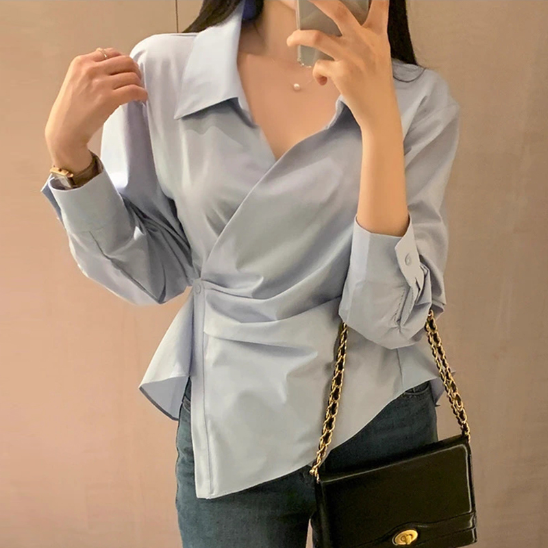 小众设计不规则一粒扣长袖衬衫