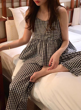 格子吊带背心休闲裤两件套女