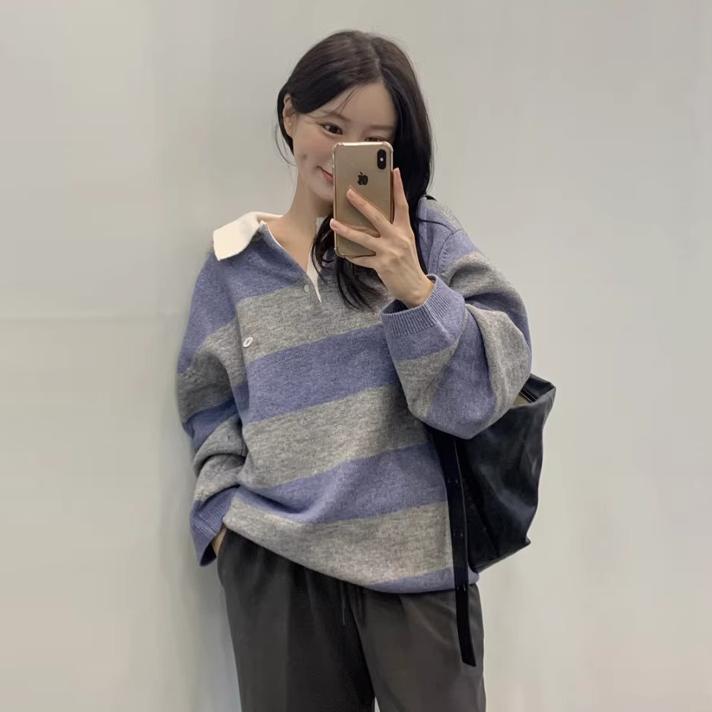 学院风撞色polo领条纹针织衫毛衣