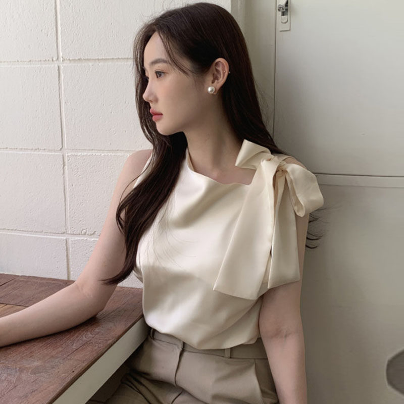 韩国chic夏季简约气质不规则领口系带蝴蝶结设计光泽感无袖衬衫女