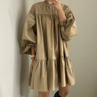 chic圆领褶皱层次感灯笼袖连衣裙