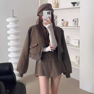 套装 不规则半身裙裤 复古短款 新款 裙两件套 夹克外套女2025秋季 时尚