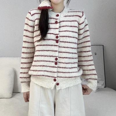 复古减龄单排扣条纹针织开衫外套