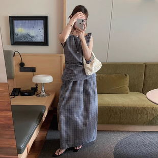 新款 良良家设计感不规则斜肩格子背心女夏季 复古高腰显瘦半身裙子