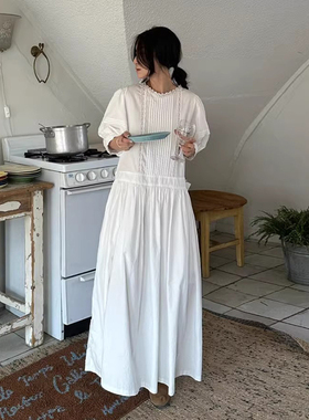 良良家重工打褶蕾丝边连衣裙女春季新款甜美气质宽松泡泡袖长裙子