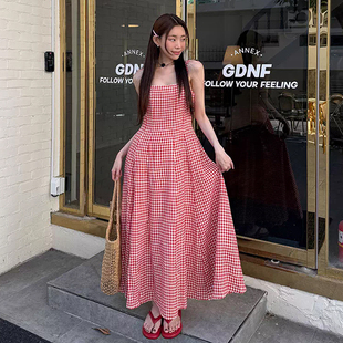 新款 良良家甜美减龄压褶格子吊带连衣裙女夏季 度假风大摆背心长裙