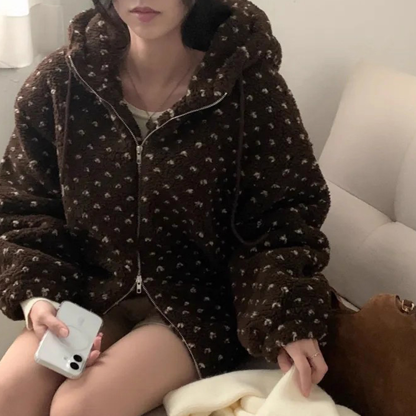 设计感撞色提花双拉链羊羔毛外套