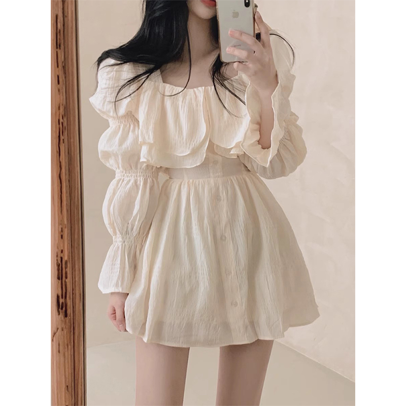 气质荷叶边泡泡袖连衣裙短裙女