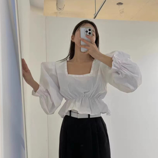 纯色方领花边泡泡袖 气质百搭收腰长袖 衬衫 新款 衬衣 女春季 良良家