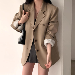 西装 韩国chic秋季 高级感宽松休闲单排扣双口袋长袖 法式 外套女 新款