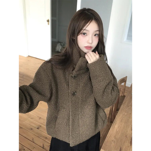 良良家复古高领圈圈毛呢外套女冬季新款宽松加厚保暖短款呢子大衣