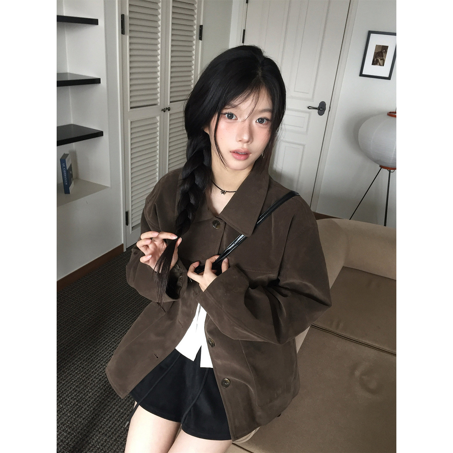 良良家韩系美拉德放鹿皮绒短外套女2026秋季宽松小个子夹克上衣