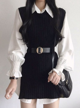 中长款衬衫裙针织马甲两件套女