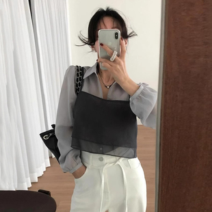 新款 良良家小众叠穿双层网纱背心吊带女夏季 设计感后背单排扣上衣