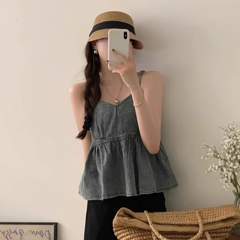 复古气质V领牛仔小吊带