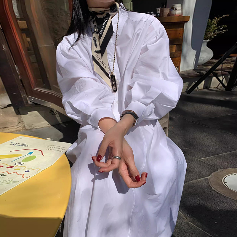 宽松休闲衬衫式长袖连衣裙