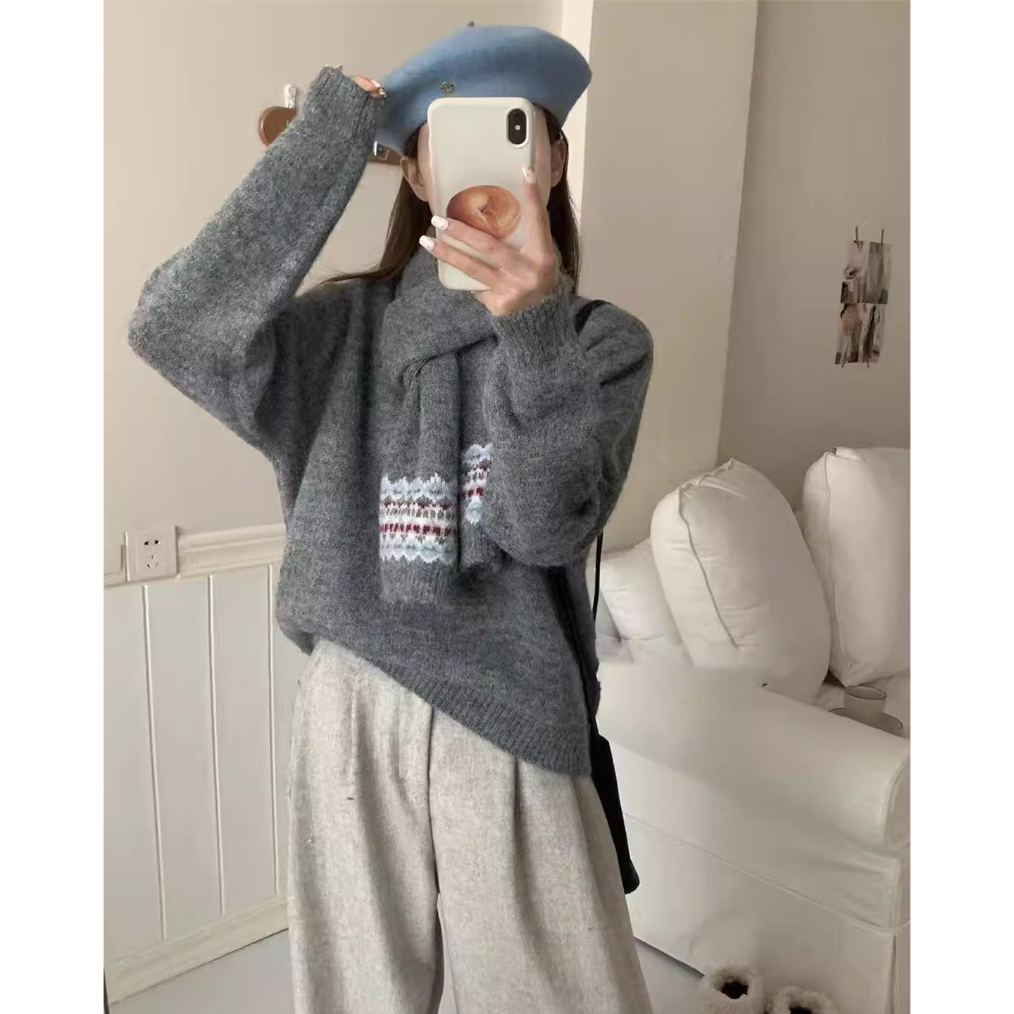 软糯针织衫毛衣费尔岛提花围巾