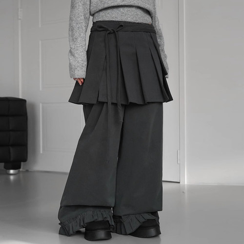 木耳边休闲长裤+系带百褶半身裙