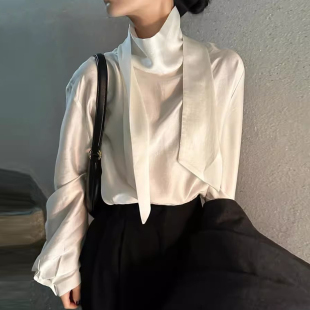气质百搭内搭雪纺衫 氛围感缎面挂脖飘带长袖 新款 女早春季 上衣 衬衫