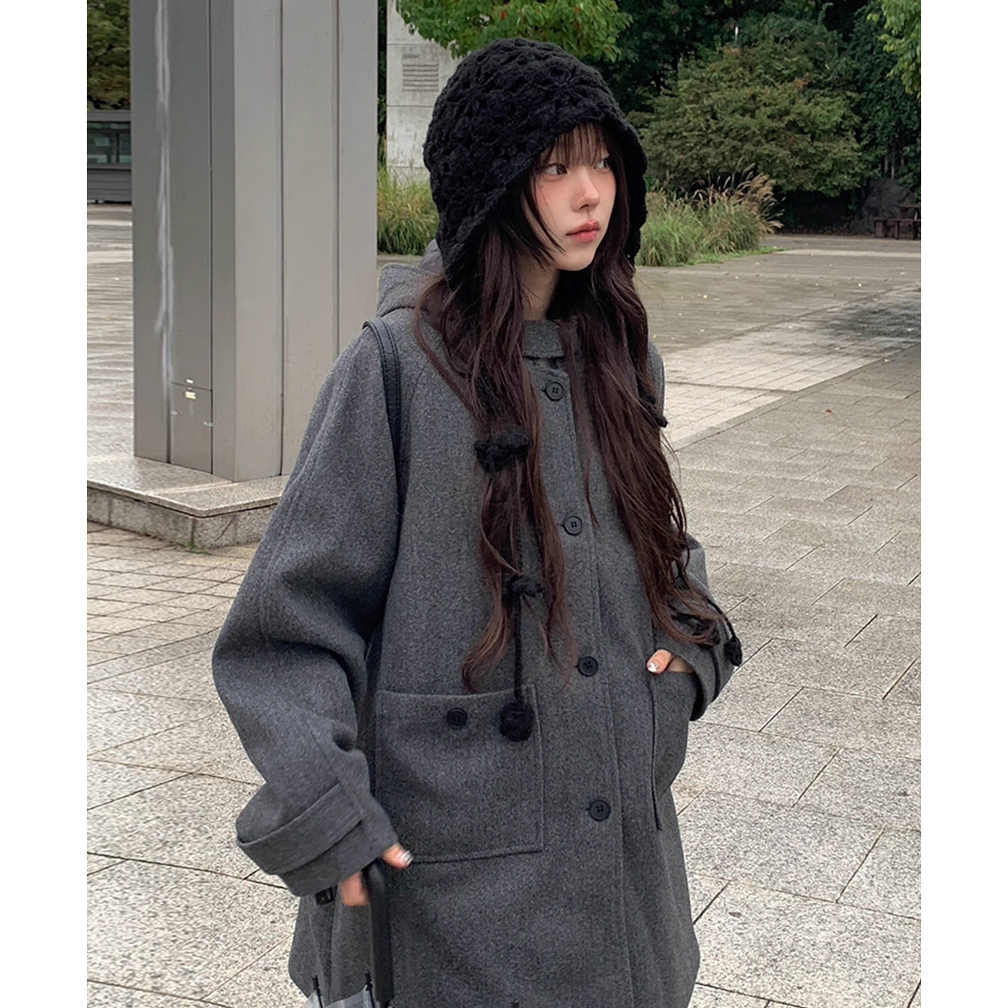 学院风纯色双口袋连帽毛呢外套女2025冬季新款中长款夹棉呢子大衣