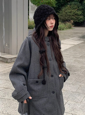 学院风纯色口袋连帽呢子外套