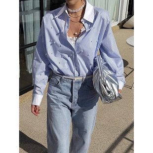 良良家重工钉珠条纹衬衫女春季新款小众设计感百搭宽松长袖上衣