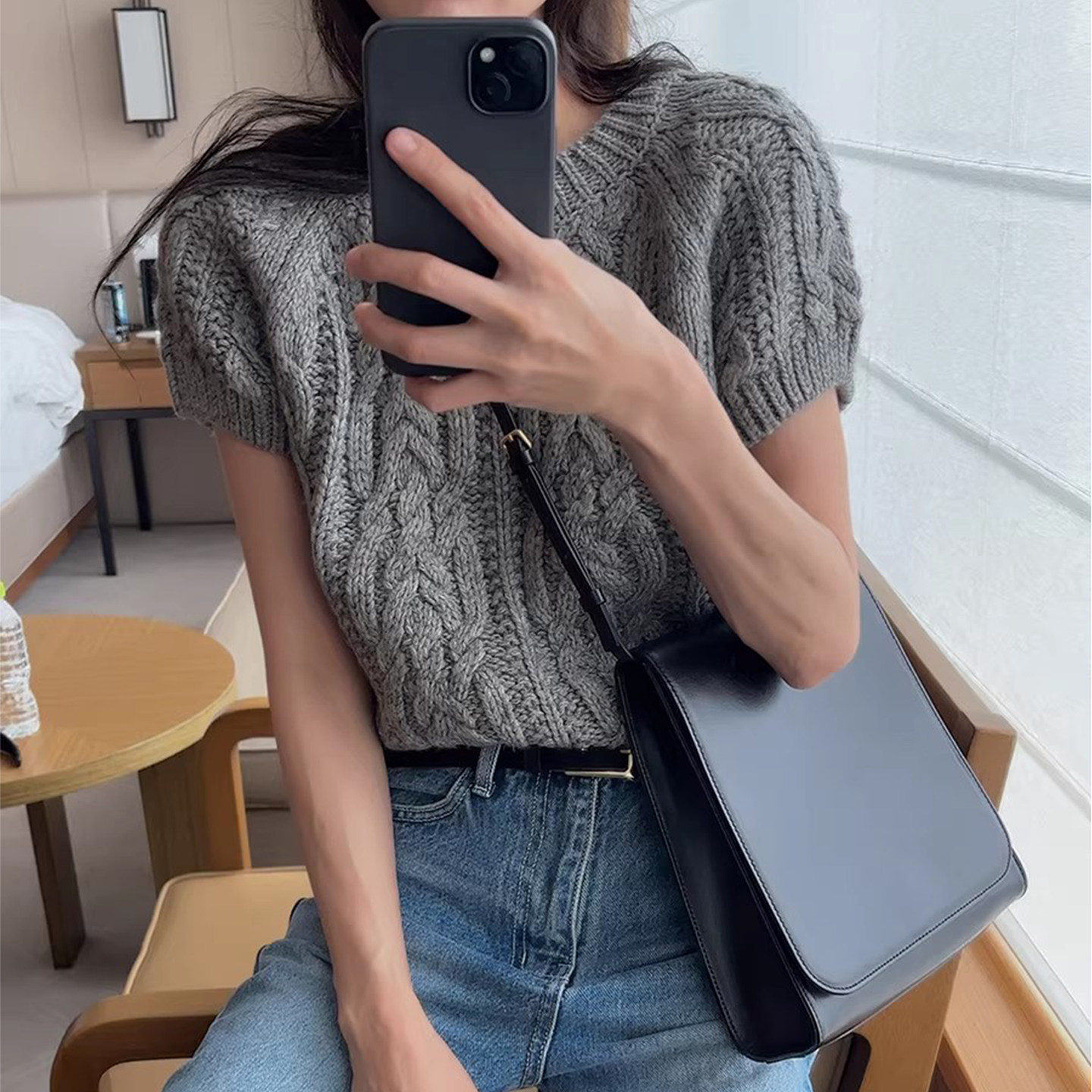 良良家法式重工麻花纹纯色短袖针织衫女夏季新款圆领套头上衣女