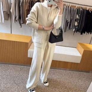 时尚套装立领坑条针织开衫毛衣外套女2025冬季新款纯色休闲长裤子