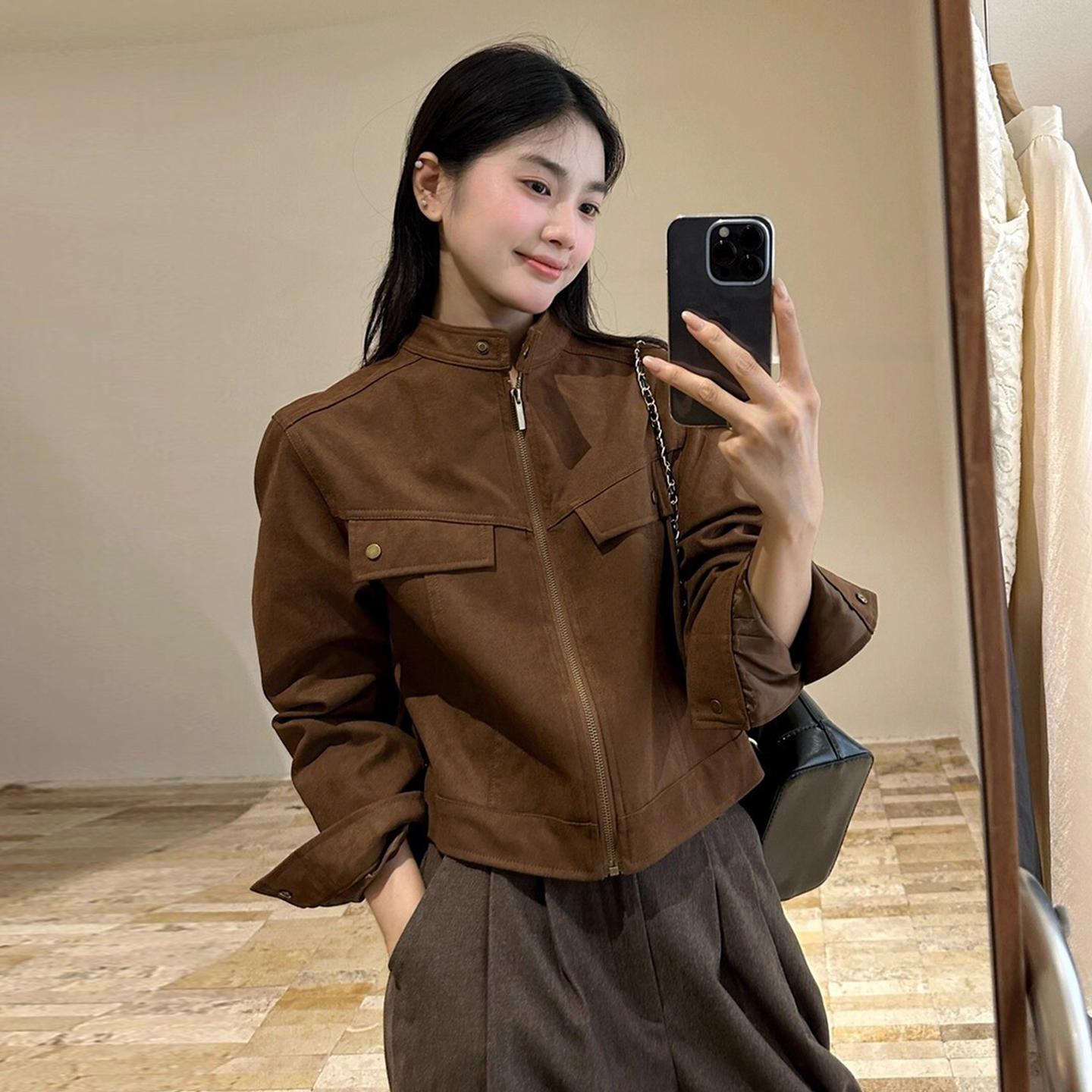 高级感纯色仿鹿皮绒机车服短外套