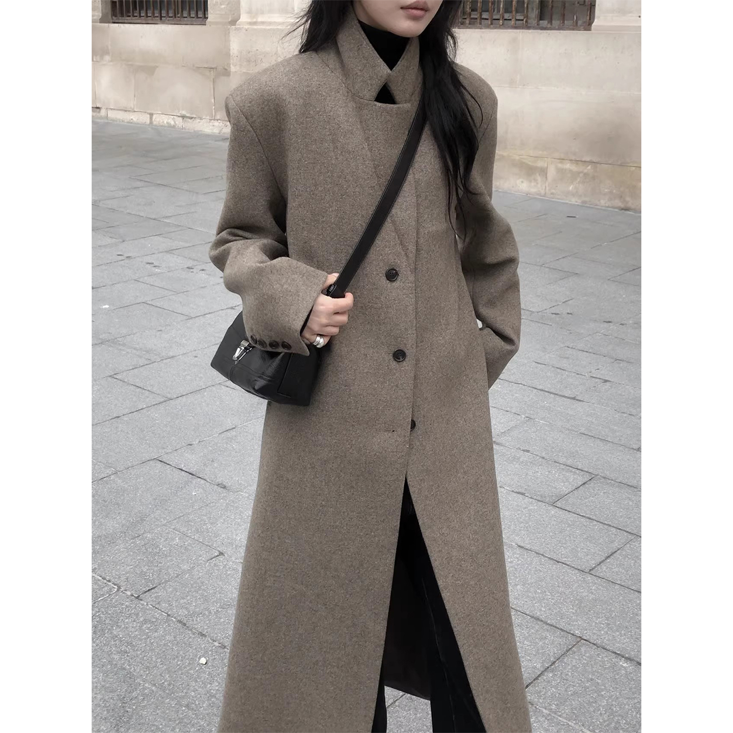立领纯色单排扣长款呢子大衣外套