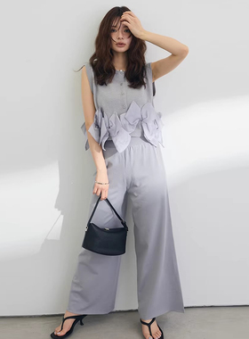 良良家时尚套装纯色蝴蝶结点缀上衣女夏季新款高腰休闲长裤两件套