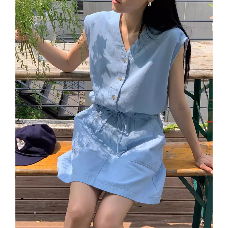 小清新抽绳系带收腰背心连衣裙女